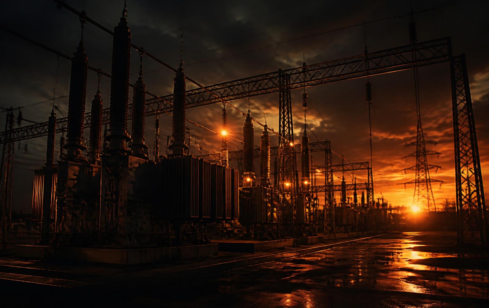 Subestação elétrica industrial ao anoitecer
